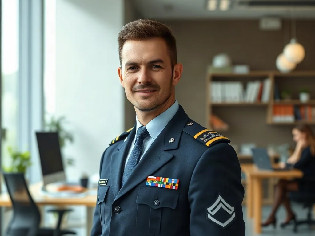 Profesjonalny portret oficera w mundurze wojskowym, prezentujący wizerunek zawodowego żołnierza w biurowym otoczeniu.