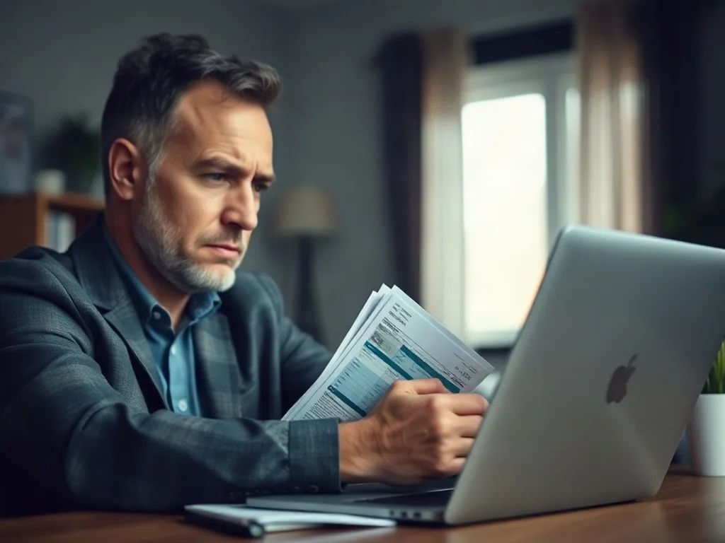 Zestresowany mężczyzna przegląda rachunki za energię i laptopa, analizując problemy z dostawcą prądu.