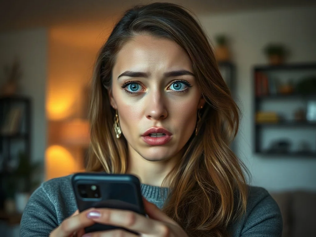 Zaniepokojona kobieta trzymająca smartfon w domu, ilustrująca czujność podczas zakupów online.