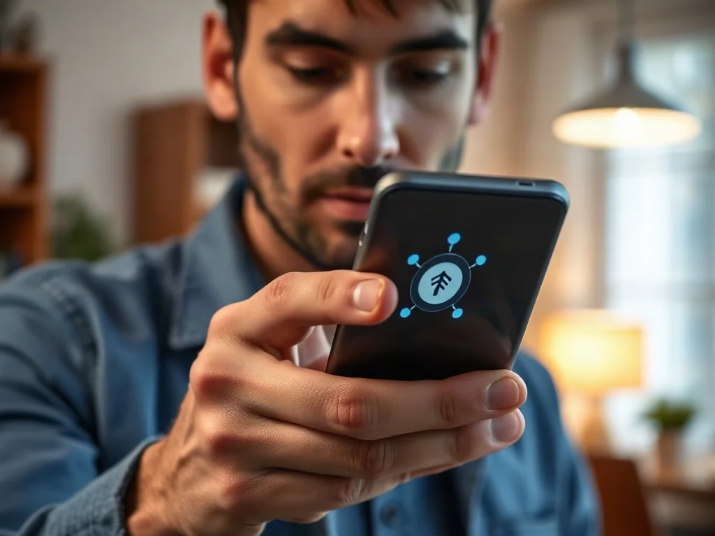 Mężczyzna trzymający smartfon z ikoną połączenia między dwoma logotypami, symbolizującą integrację kont w nowoczesnym biurze.