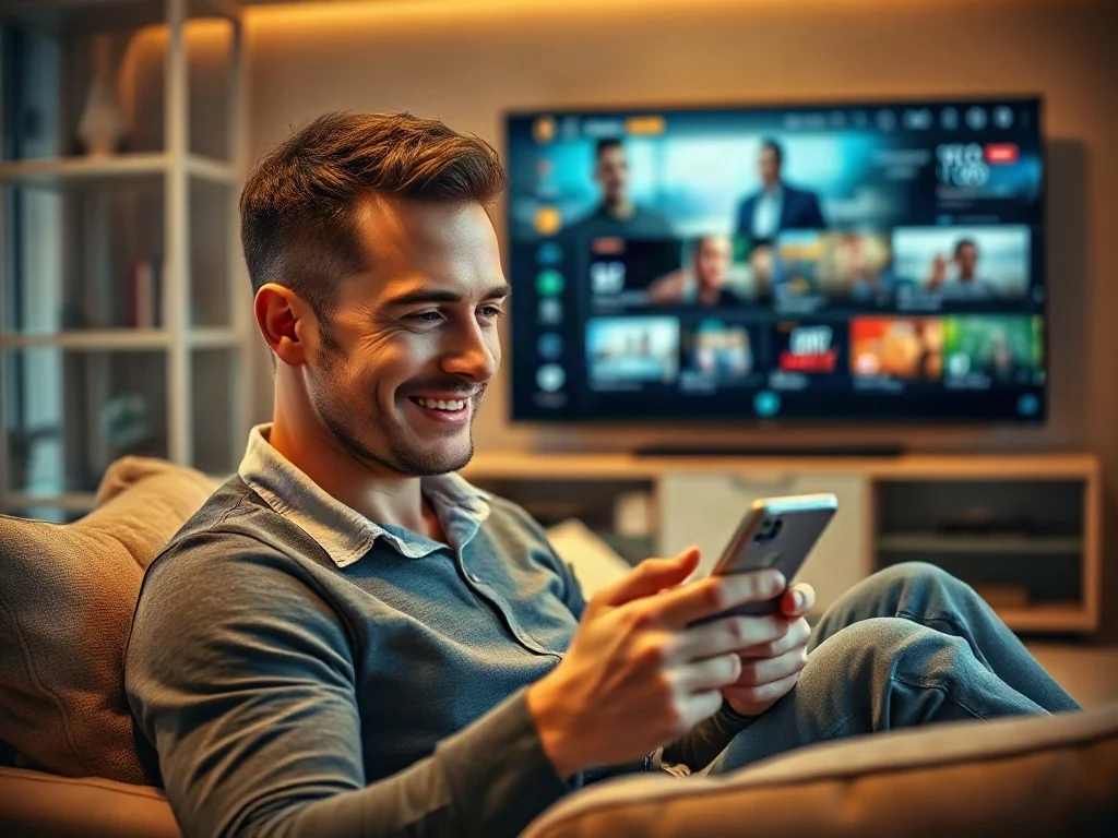 Mężczyzna siedzący na kanapie zadowolony z obsługi aplikacji HBO Max na smartfonie, z telewizorem w tle.