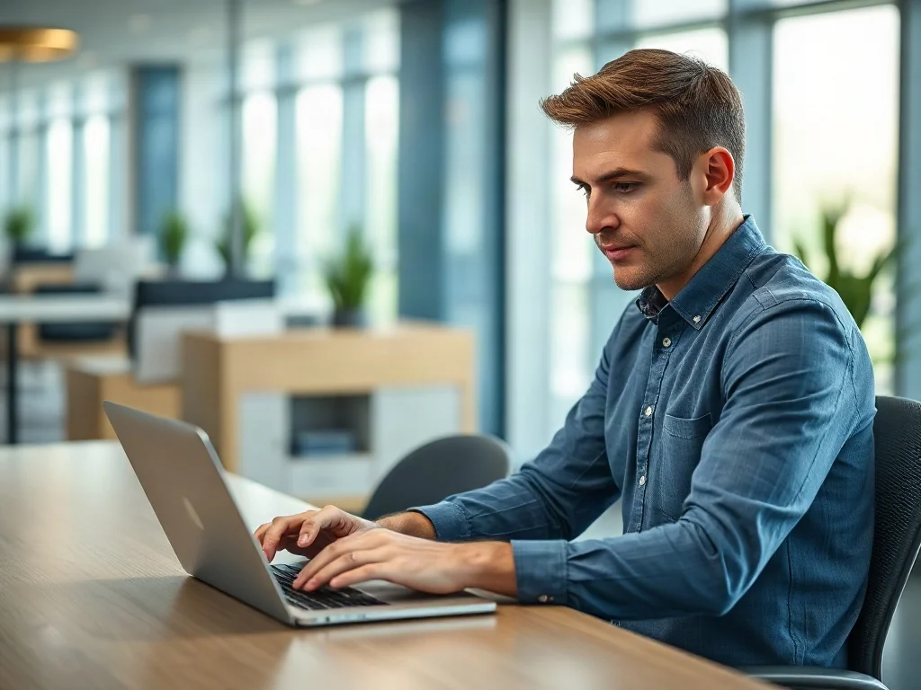 Pracownik biurowy analizujący wykresy finansowe na laptopie w nowoczesnym wnętrzu, symbolizujący pracę w Czechach.