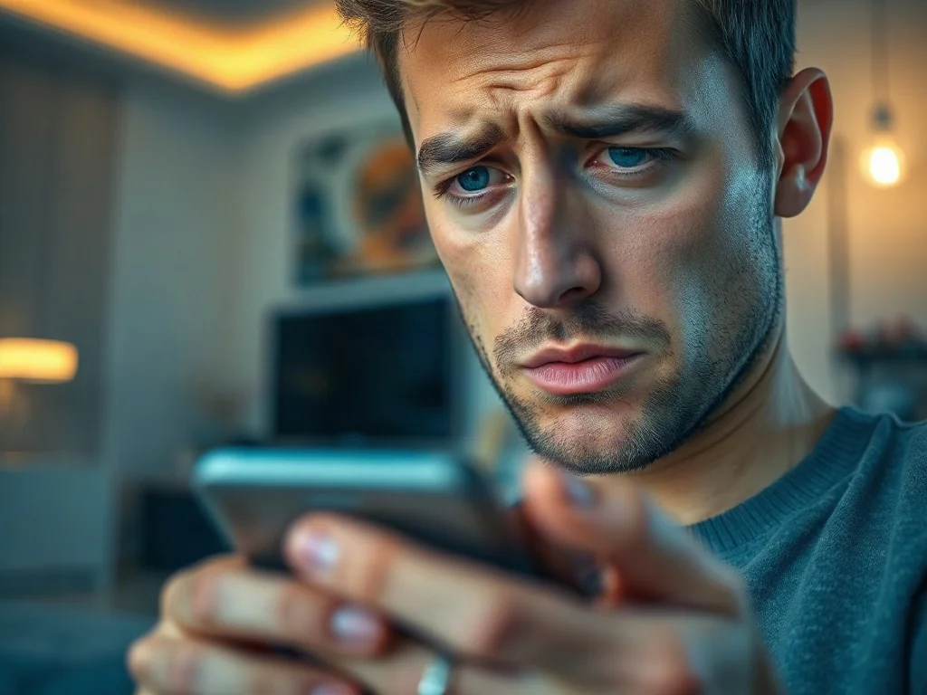 Zaniepokojony mężczyzna patrzący na ekran smartfona z podejrzanym powiadomieniem, sugerującym próbę oszustwa.