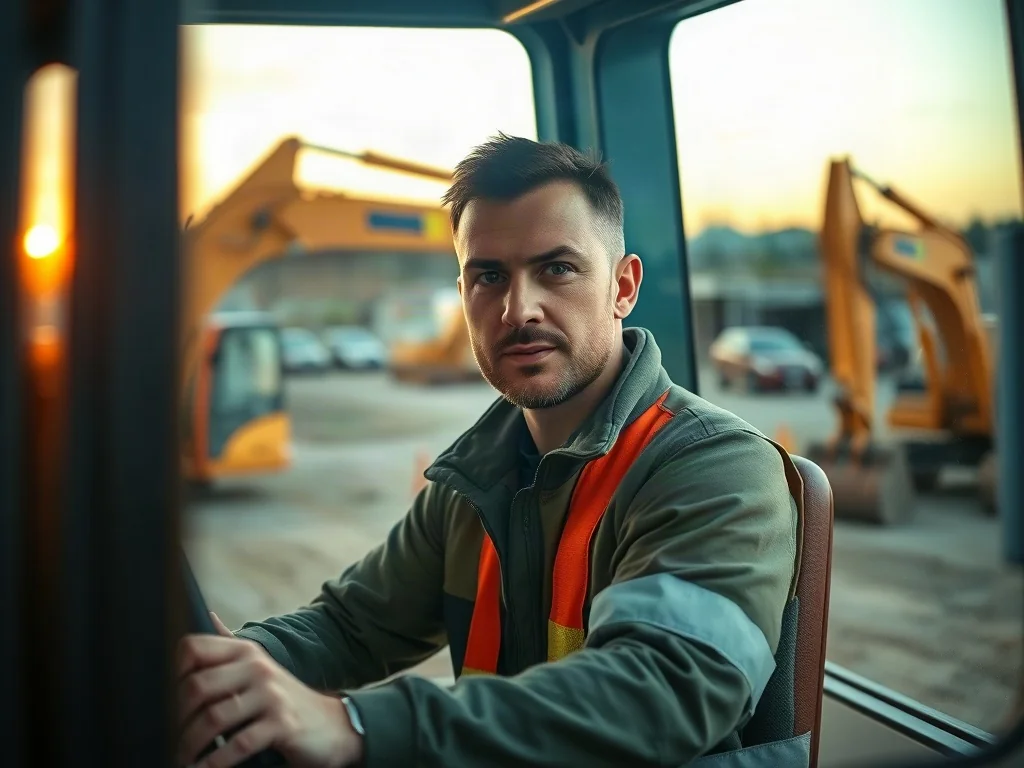 Operator koparki w nowoczesnej kabinie maszyny podczas pracy na placu budowy w świetle zachodzącego słońca.