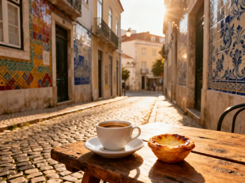 Przytulna uliczka w Portugalii z kawą espresso i tradycyjnym ciastkiem pastel de nata na drewnianym stole.