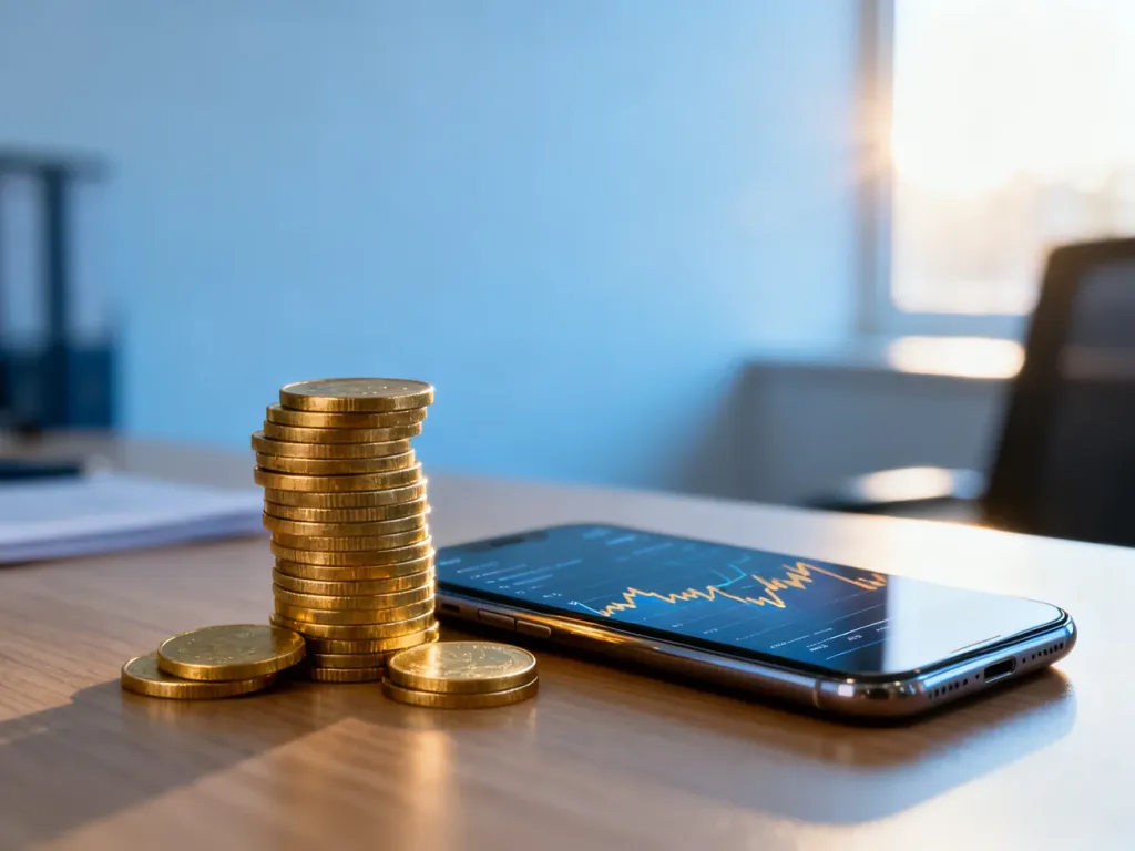 Stos monet i smartfon z wykresem finansowym na biurku, symbolizujące odzyskiwanie oszczędności i stabilność finansową.